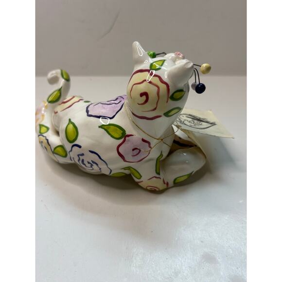AS IS Whimsiclay by Amy Lacombe Cat Sculpture Figurine 2001 Painted Flowers - Picture 3 of 6